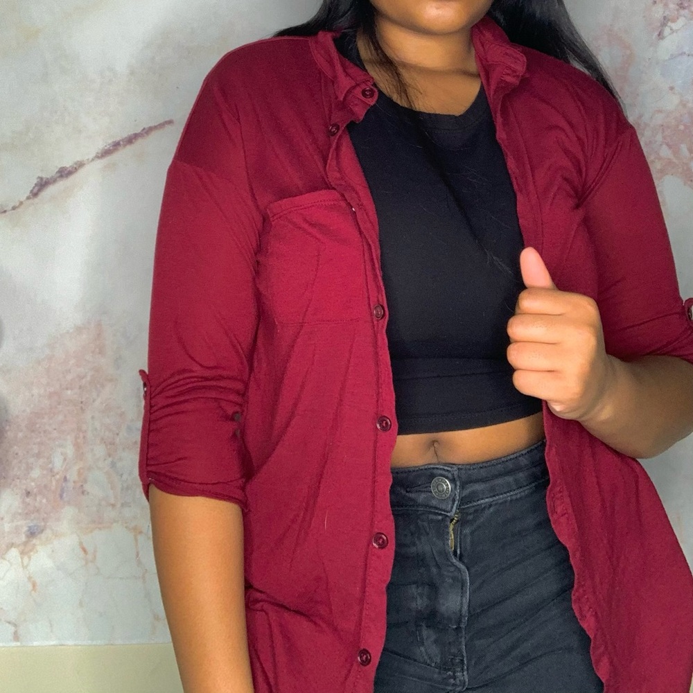 Soft Button Down Blouse- Burgundy Red Basic Shirt